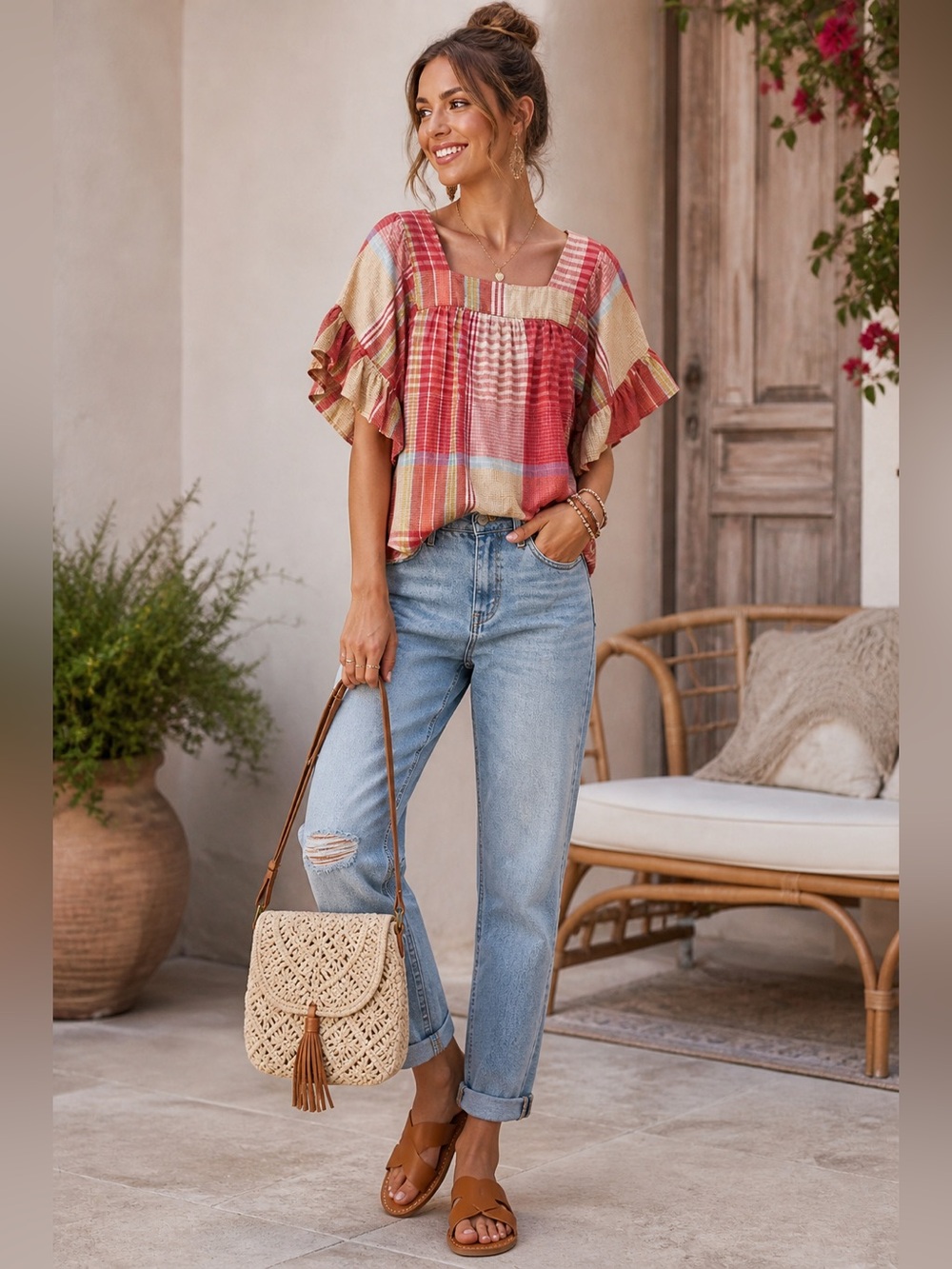 Beachlunchlounge XS Multicolored Plaid Blouse Cottagecore Boho Spring Festival